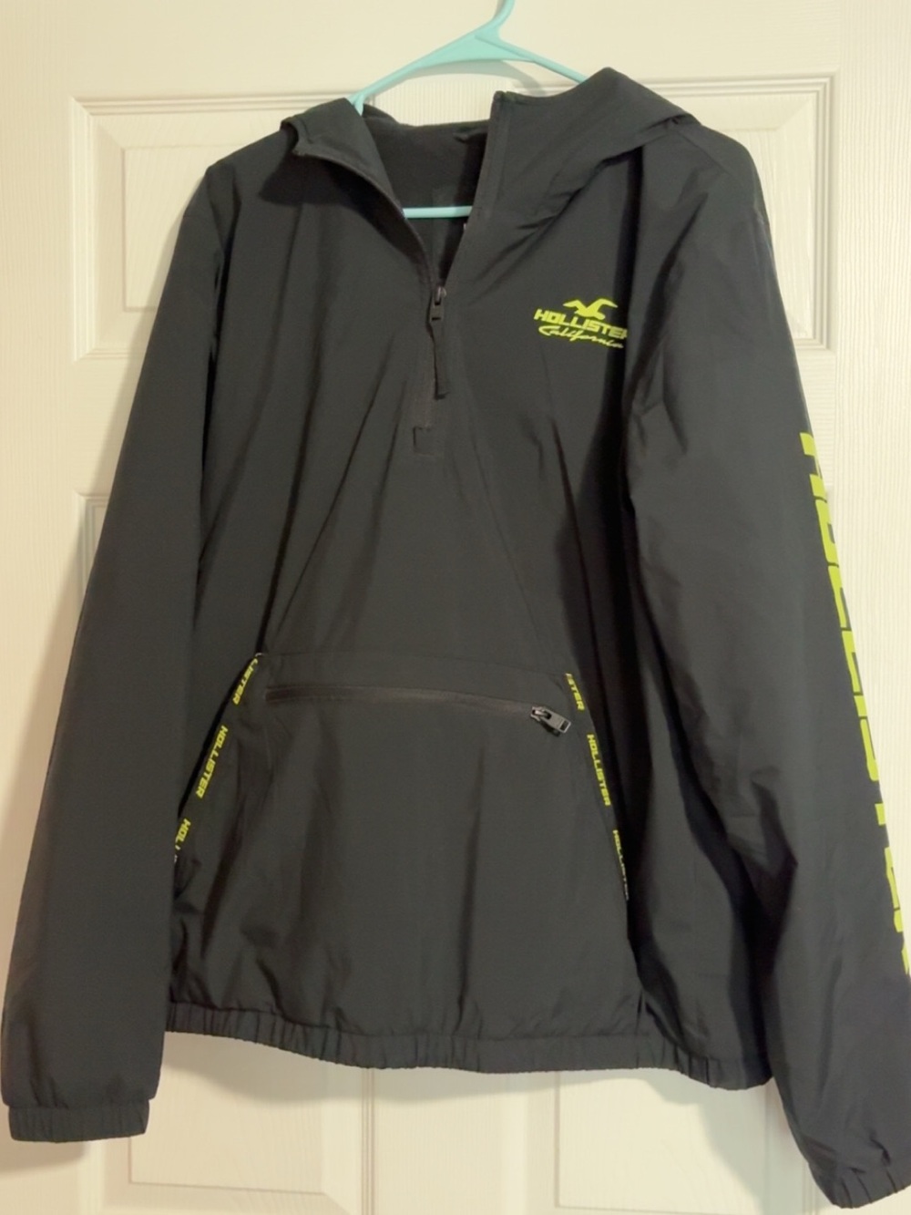 Hollister Black Pullover Windbreaker with Neon Yellow Accents